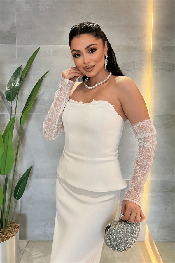 Atlas Kumaş Dantel Detaylı Straplez Elibse - BEYAZ - 3