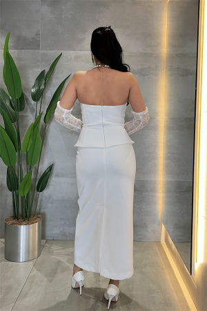 Atlas Kumaş Dantel Detaylı Straplez Elibse - BEYAZ - 5