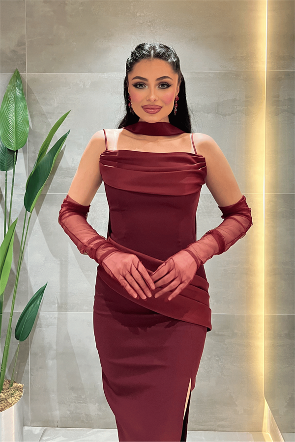 Atlas Kumaş Degaje Yakalı Eldiven Detaylı Kalem Elbise - BORDO - 3