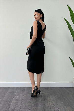 Atlas Kumaş Gül Detaylı Kalem Elbise - SİYAH - 5