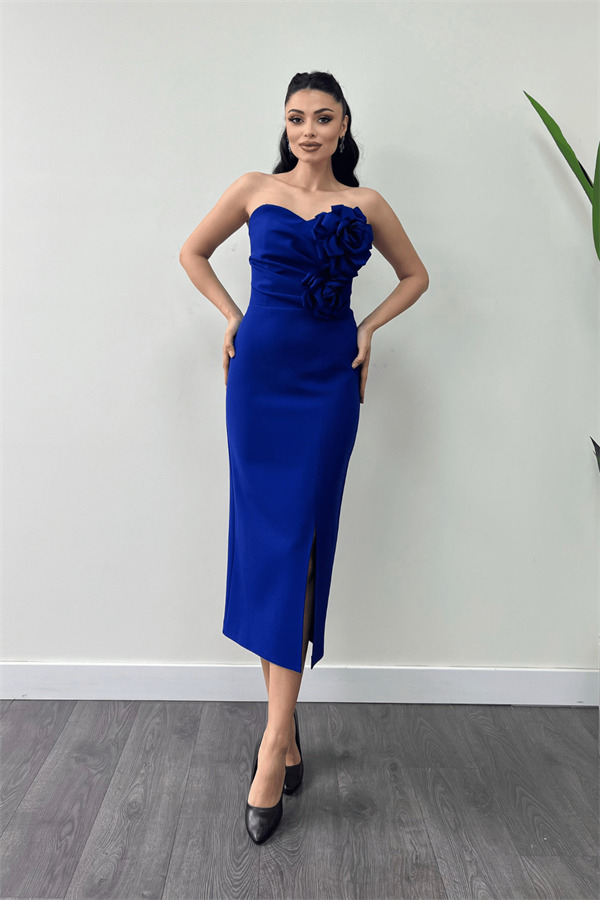 Atlas Kumaş Gül Detaylı Straplez Kalem Elbise - SAKS MAVİ - 1