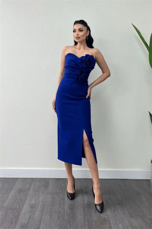 Atlas Kumaş Gül Detaylı Straplez Kalem Elbise - SAKS MAVİ - Angelino Moda (1)