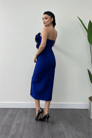 Atlas Kumaş Gül Detaylı Straplez Kalem Elbise - SAKS MAVİ - 5