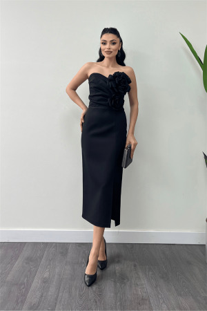 Atlas Kumaş Gül Detaylı Straplez Kalem Elbise - SİYAH - Angelino Moda (1)