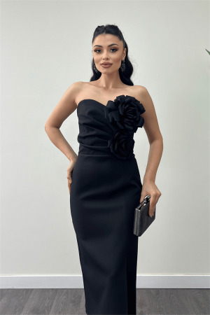 Atlas Kumaş Gül Detaylı Straplez Kalem Elbise - SİYAH - 3