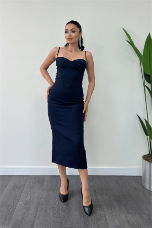 Atlas Kumaş İnci Detaylı Askılı Kalem Elbise - LACİVERT - Angelino Moda