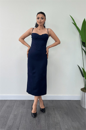 Atlas Kumaş İnci Detaylı Askılı Kalem Elbise - LACİVERT - Angelino Moda (1)