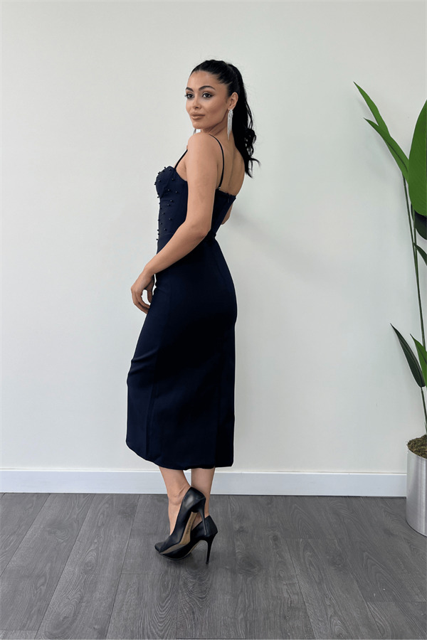 Atlas Kumaş İnci Detaylı Askılı Kalem Elbise - LACİVERT - 5