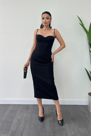 Atlas Kumaş İnci Detaylı Askılı Kalem Elbise - SİYAH - Angelino Moda (1)