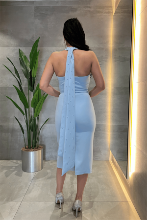 Atlas Kumaş İnci Detaylı Boyundan Bağlamalı Kalem Elbise - BEBE MAVİSİ - 5