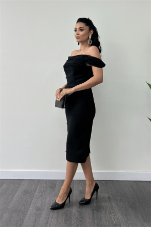 Atlas Fabric Pearl Detailed Low Neck Evening Dress - BLACK - Angelino Moda (1)