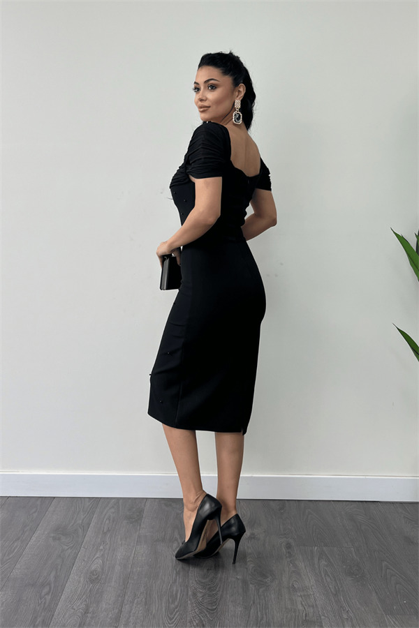 Atlas Kumaş İnci Detaylı Düşük Yaka Abiye Elbise - SİYAH - 5