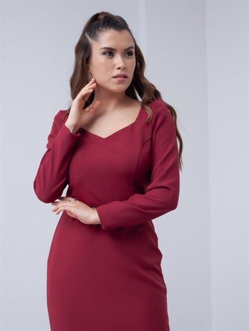 Atlas Kumaş Kalp Yaka Kemerli Elbise - BORDO - 3