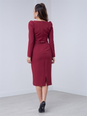 Atlas Kumaş Kalp Yaka Kemerli Elbise - BORDO - 5