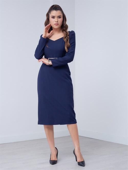 Atlas Kumaş Kalp Yaka Kemerli Elbise - LACİVERT - 2