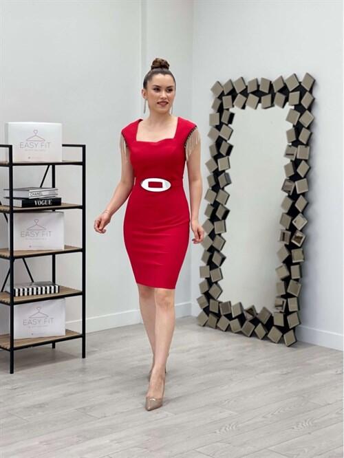 Atlas Kumaş Kare Yaka Omuz Taşlı Püsküllü Elbise - KIRMIZI - 1