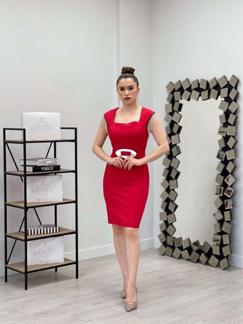 Atlas Kumaş Kare Yaka Omuz Taşlı Püsküllü Elbise - KIRMIZI - 2