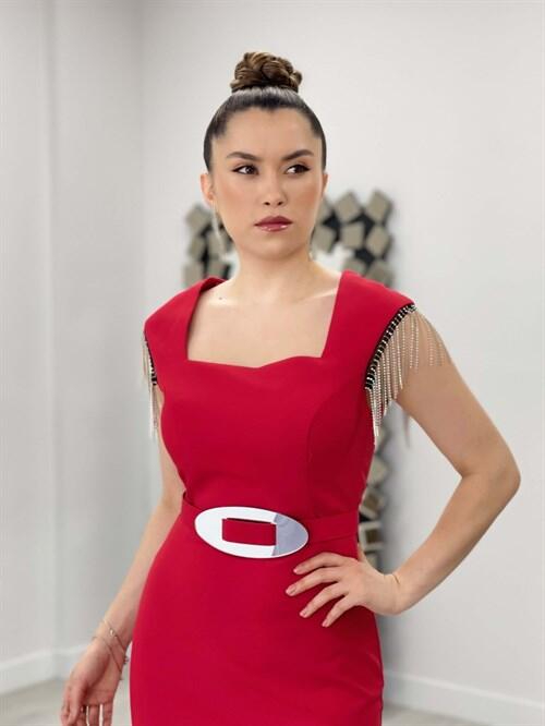 Atlas Kumaş Kare Yaka Omuz Taşlı Püsküllü Elbise - KIRMIZI - 3