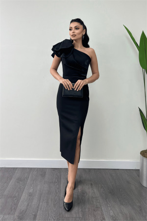 Atlas Kumaş Omuz Organze Detaylı Kalem Elbise - SİYAH - Angelino Moda (1)