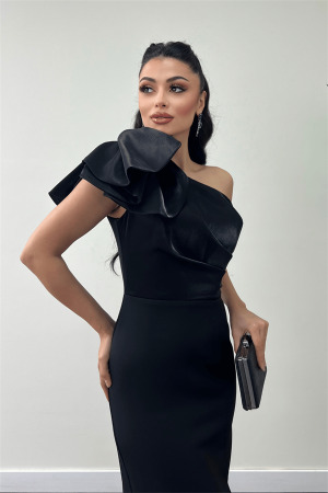 Atlas Kumaş Omuz Organze Detaylı Kalem Elbise - SİYAH - 3