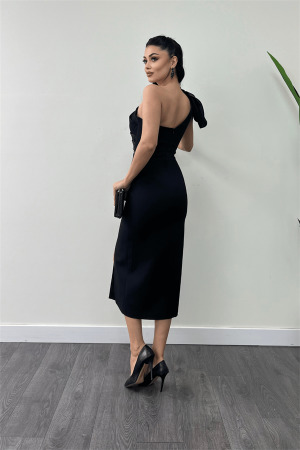 Atlas Kumaş Omuz Organze Detaylı Kalem Elbise - SİYAH - 5