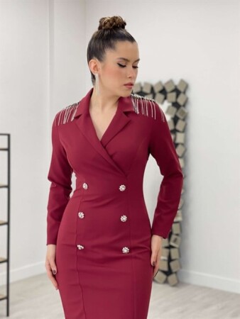Atlas Kumaş Omuz Püsküllü Ceket Elbise - BORDO - 4