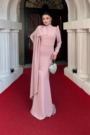 Atlas Kumaş Omuz Şal Detaylı Balık Elbise - PUDRA - 1