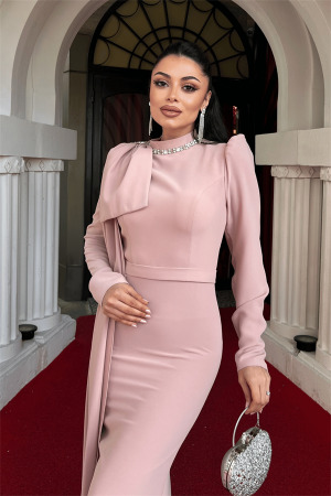 Atlas Kumaş Omuz Şal Detaylı Balık Elbise - PUDRA - 3