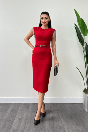 Atlas Fabric Shoulder Stones Tasseled Dress - RED - Angelino Moda