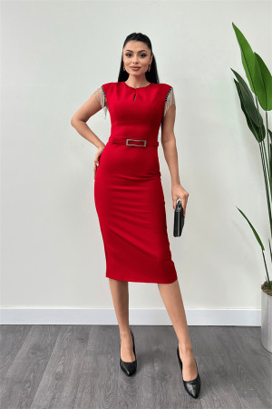 Atlas Fabric Shoulder Stones Tasseled Dress - RED - Angelino Moda (1)