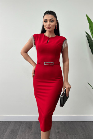 Atlas Kumaş Omuz Taşlı Püsküllü Elbise - KIRMIZI - 3