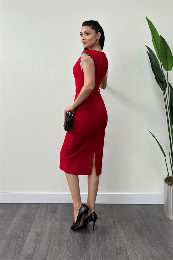 Atlas Kumaş Omuz Taşlı Püsküllü Elbise - KIRMIZI - 5