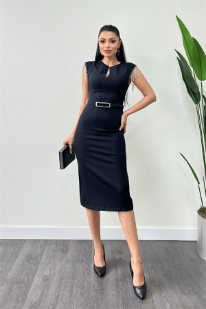 Atlas Fabric Shoulder Stones Tasseled Dress - BLACK - Angelino Moda (1)