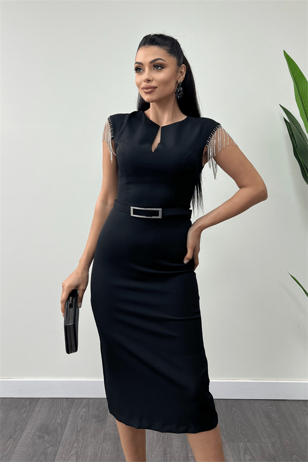 Atlas Kumaş Omuz Taşlı Püsküllü Elbise - SİYAH - 3