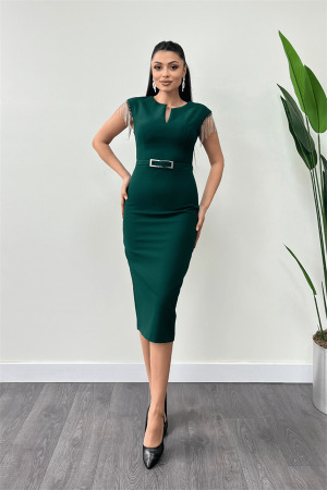 Atlas Fabric Shoulder Stones Tasseled Dress - GREEN - Angelino Moda