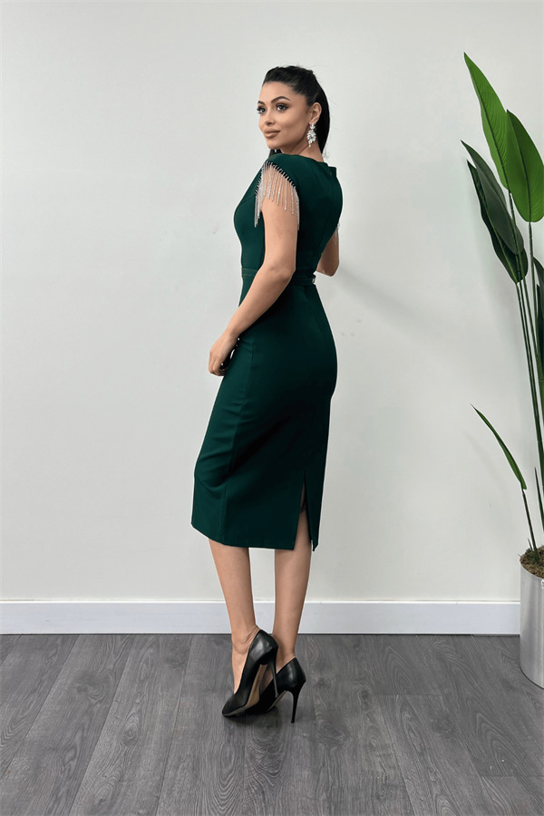 Atlas Fabric Shoulder Stones Tasseled Dress - GREEN - 5