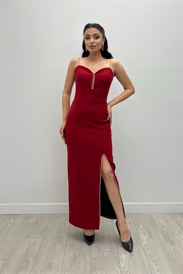 Atlas Kumaş Payet Askı Detaylı Kalem Elbise - BORDO - 1