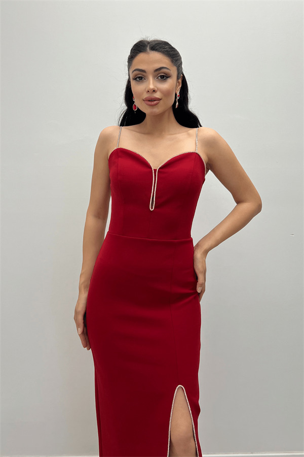 Atlas Kumaş Payet Askı Detaylı Kalem Elbise - BORDO - 3