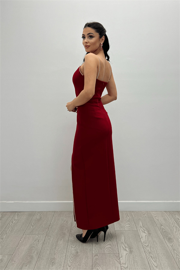 Atlas Kumaş Payet Askı Detaylı Kalem Elbise - BORDO - 5