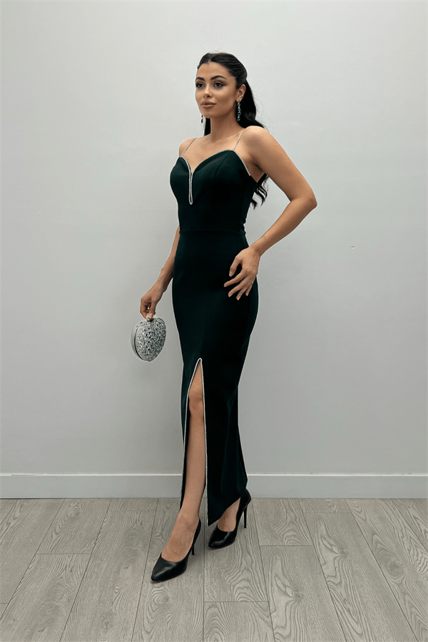 Atlas Kumaş Payet Askı Detaylı Kalem Elbise - ZÜMRÜT YEŞİL - 2