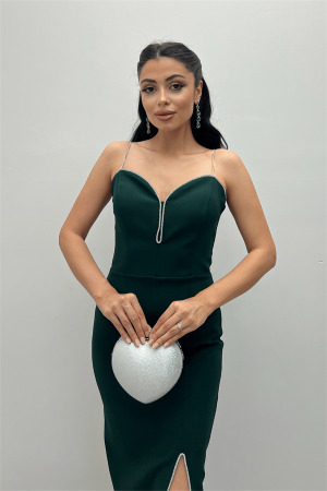 Atlas Kumaş Payet Askı Detaylı Kalem Elbise - ZÜMRÜT YEŞİL - 4