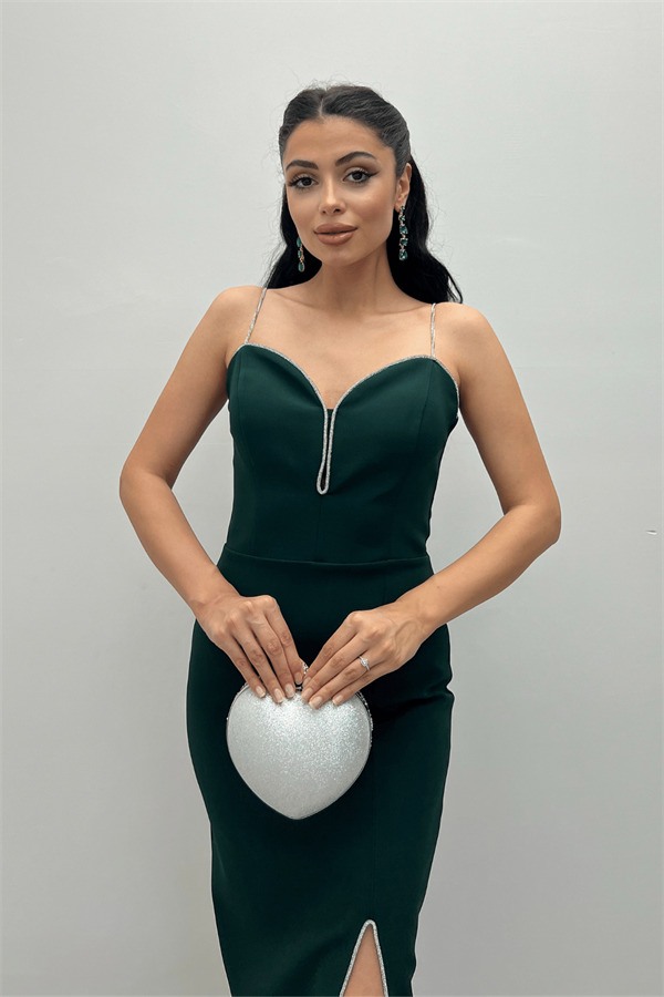 Atlas Kumaş Payet Askı Detaylı Kalem Elbise - ZÜMRÜT YEŞİL - 4