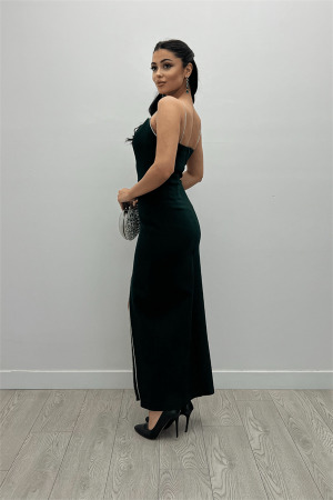 Atlas Kumaş Payet Askı Detaylı Kalem Elbise - ZÜMRÜT YEŞİL - 5