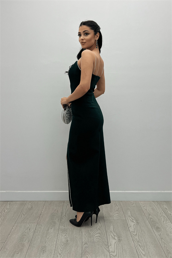 Atlas Kumaş Payet Askı Detaylı Kalem Elbise - ZÜMRÜT YEŞİL - 5