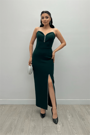 Atlas Kumaş Payet Askı Detaylı Kalem Elbise - ZÜMRÜT YEŞİL - Angelino Moda
