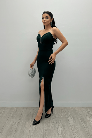 Atlas Kumaş Payet Askı Detaylı Kalem Elbise - ZÜMRÜT YEŞİL - Angelino Moda (1)