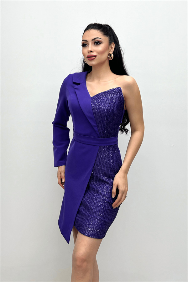 Atlas Kumaş Payet Detaylı Ceket Elbise - MOR - 1