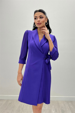 Atlas Kumaş Pliseli Ceket Elbise - MOR - Angelino Moda