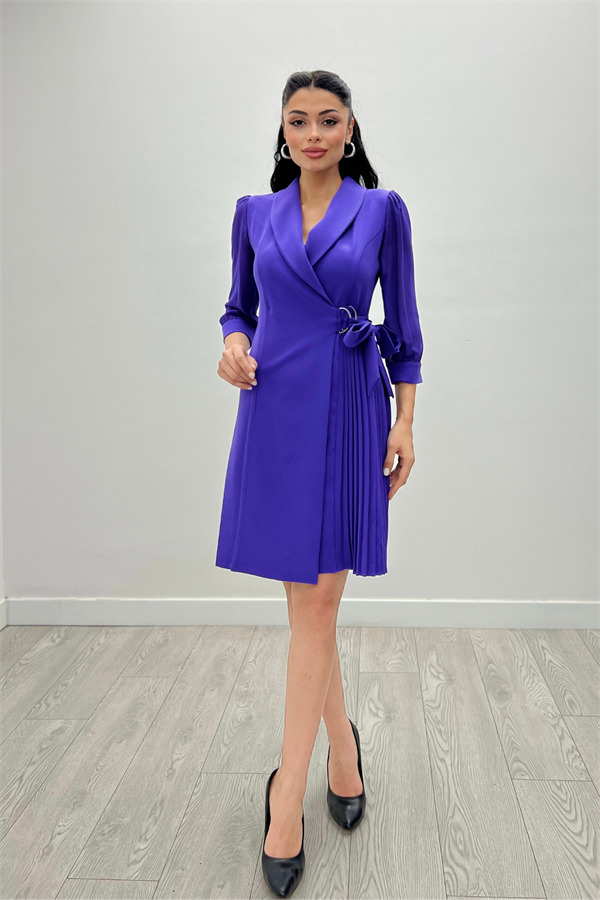 Atlas Kumaş Pliseli Ceket Elbise - MOR - 4