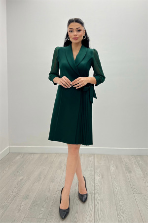 Atlas Kumaş Pliseli Ceket Elbise - ZÜMRÜT YEŞİL - 3